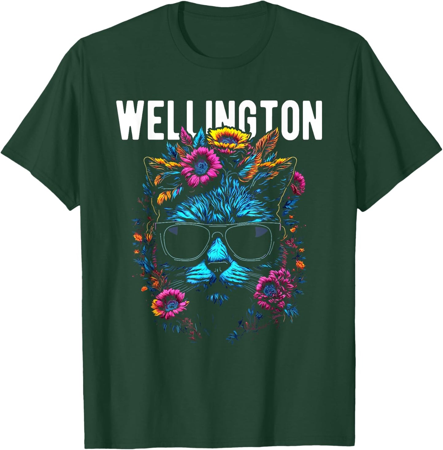 Wellington Cat Wearing Sunglasses and Flowers Design Women Kids T-Shirt - T-Shirt | Forest