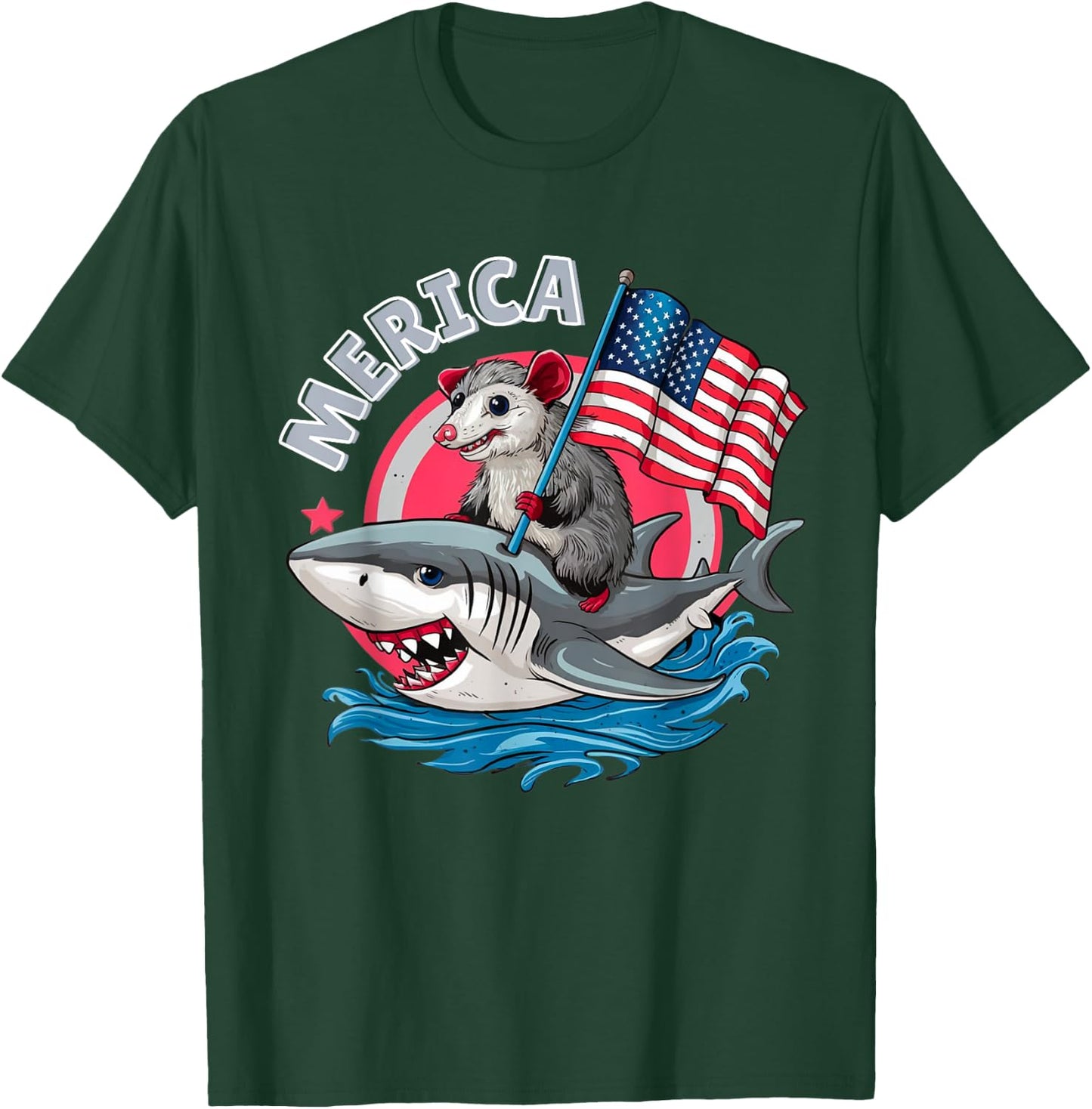 Funny Opossum Riding Shark American Flag USA 4th of July T-Shirt - T-Shirt | Forest