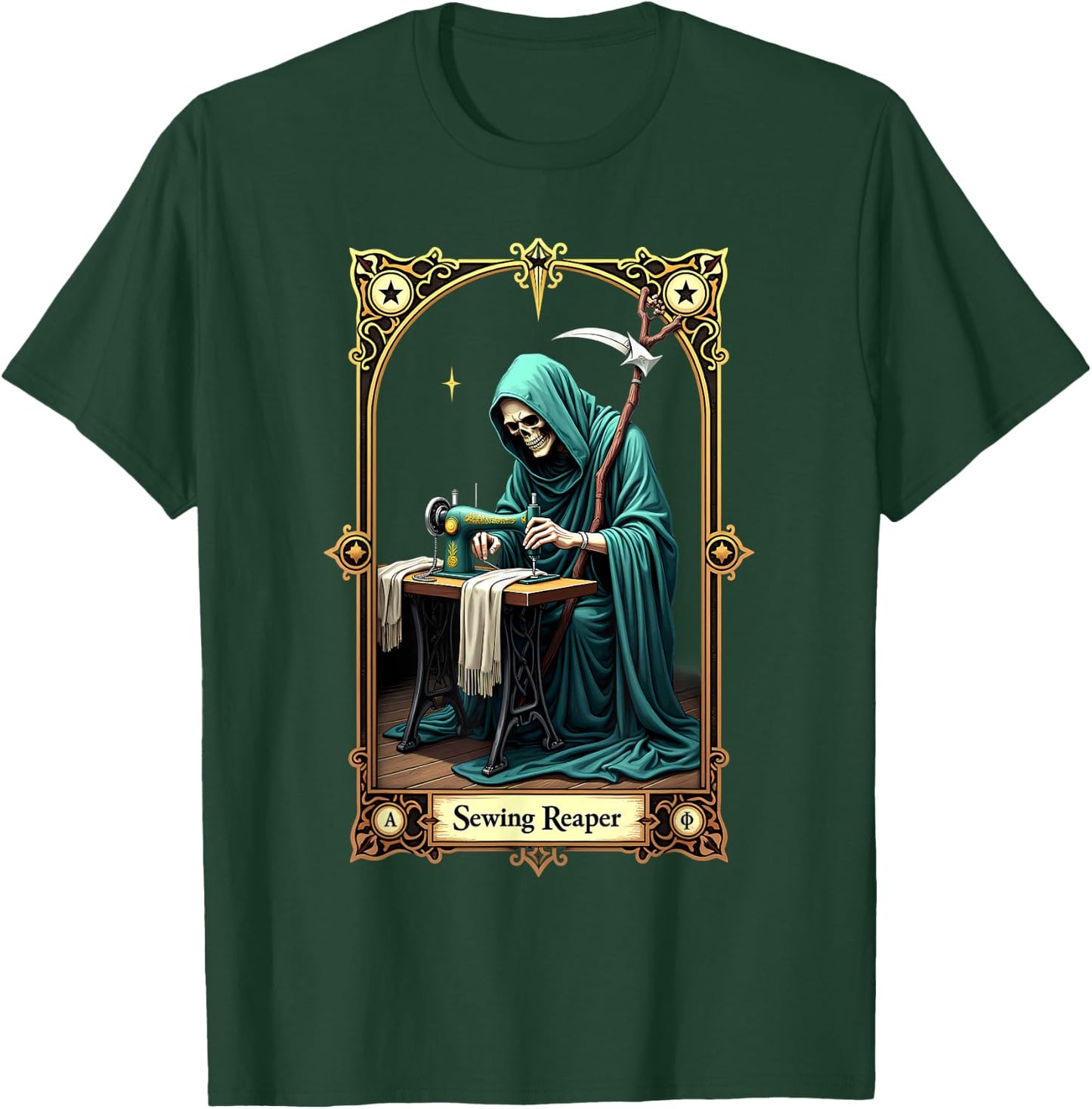 Tarot Card Skeleton Sewing Machine Reaper T-Shirt - T-Shirt | Forest