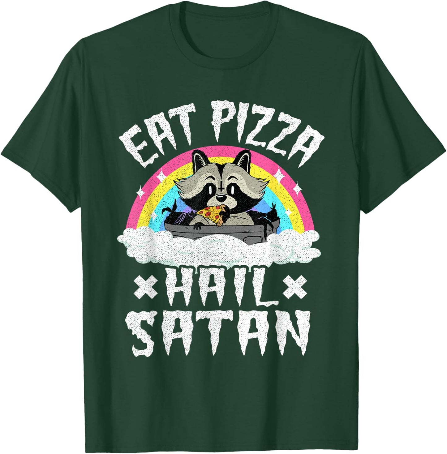 Eat Pizza Hail Satan Raccoon Punk Band Death Metal Rainbow T-Shirt - T-Shirt | Forest
