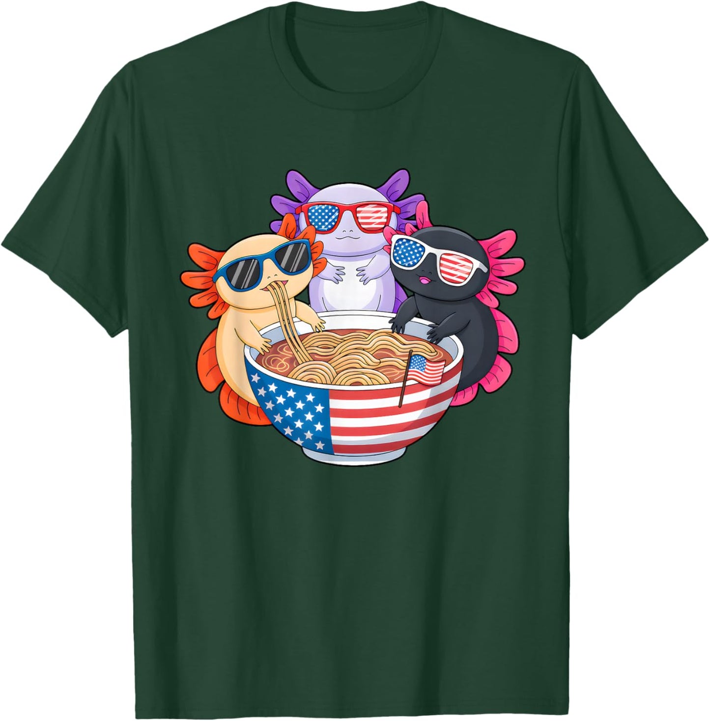 Axolotl Ramen Anime American Flag USA Funny 4th Of July T-Shirt - T-Shirt | Forest