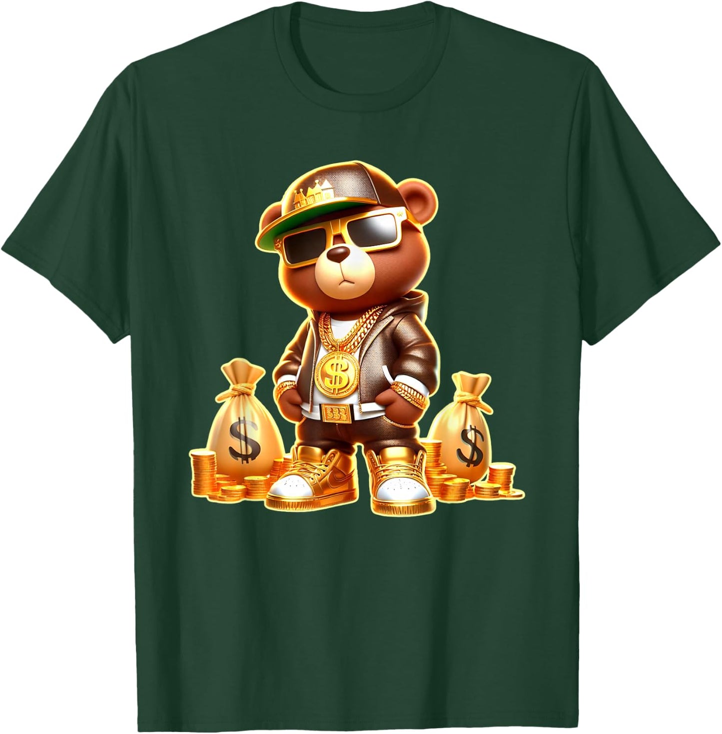 Golden Teddy Bear Boss Money Bags Golden Coins & Chain T-Shirt - T-Shirt | Forest
