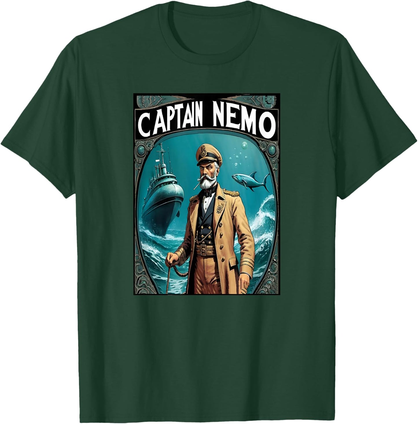 Captain Nemo & The Nautilus Submarine Illustration T-Shirt - T-Shirt | Forest