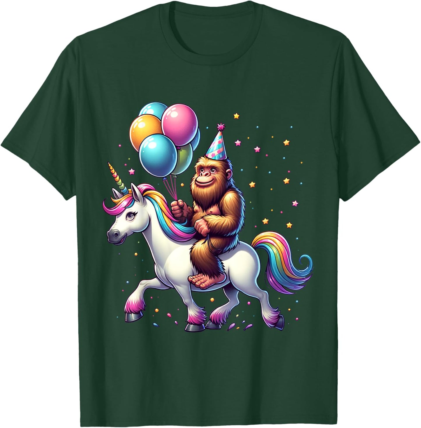 Bigfoot Sasquatch Riding Unicorn. Funny Bigfoot Birthday T-Shirt - T-Shirt | Forest