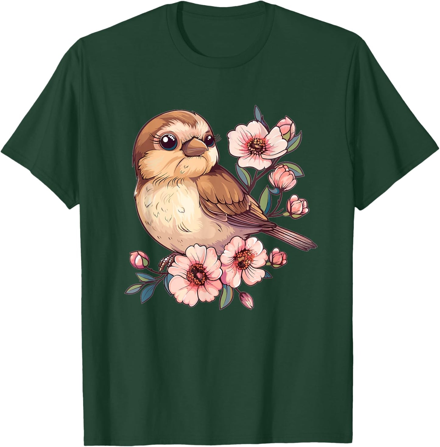 Cute Sparrow With Flowers I Sparrow T-Shirt - T-Shirt | Forest