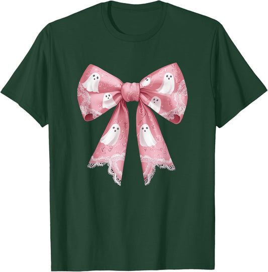 Pink Ghost Coquette Bow Halloween Spooky Season Girls T-Shirt - T-Shirt | Forest