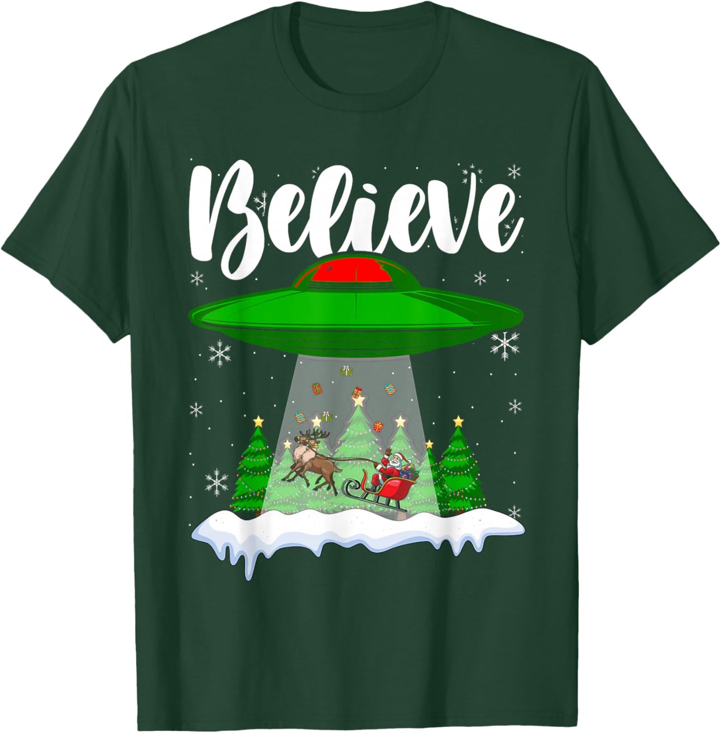 Funny Christmas Alien UFO Santa Claus Xmas Believe T-Shirt - T-Shirt | Forest
