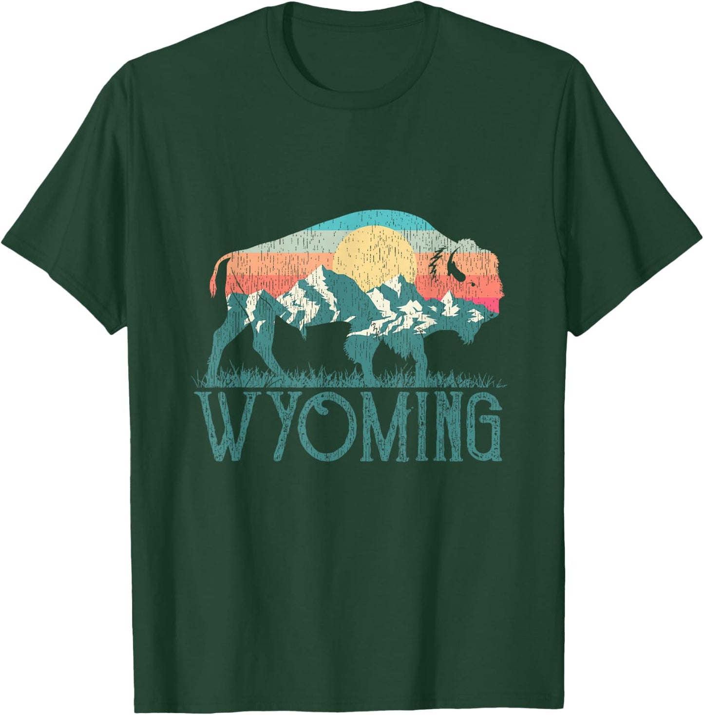 Bison Buffalo Retro Mountains WY Wyoming T-Shirt - T-Shirt | Forest