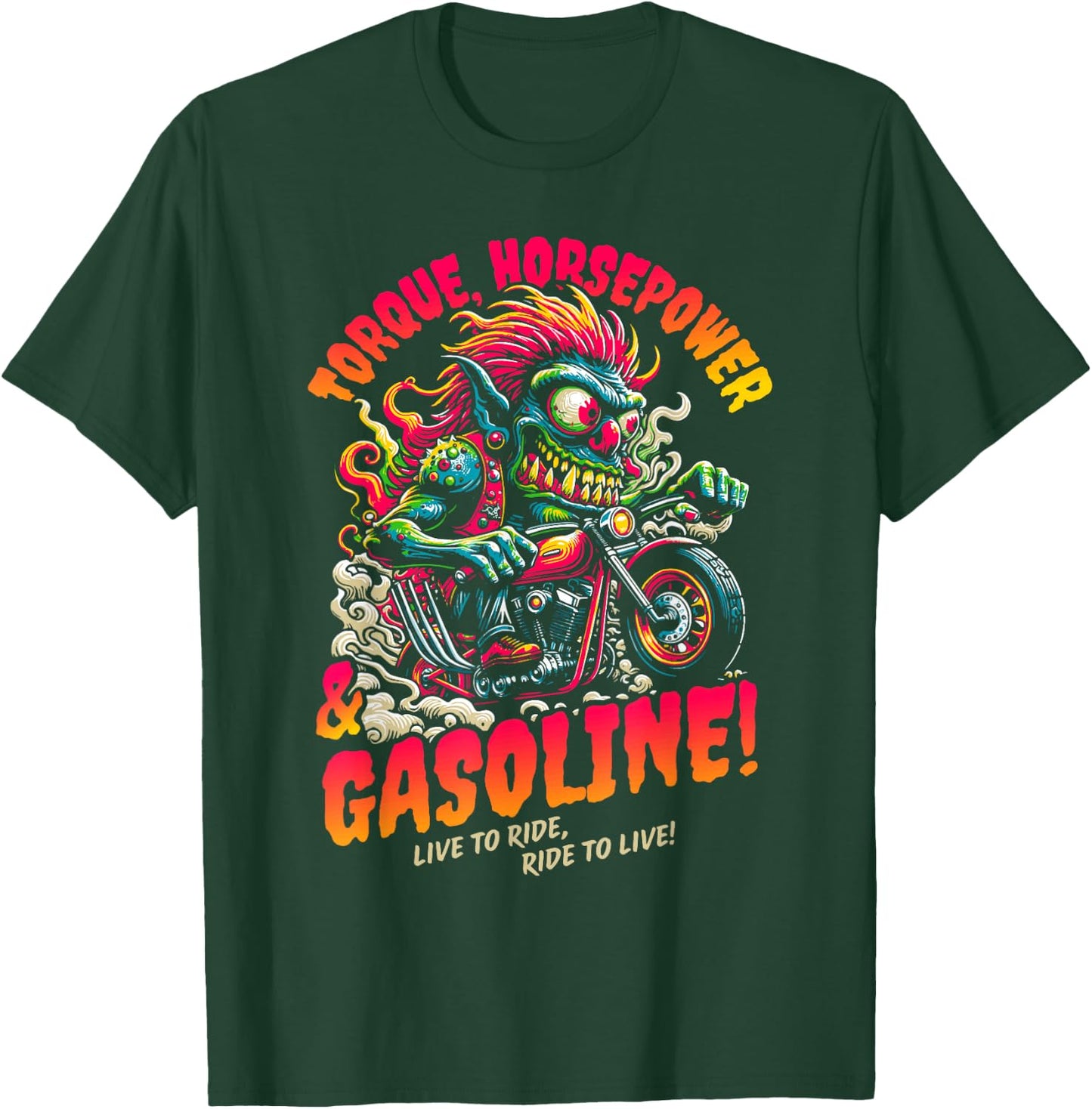 Torque Horsepower and Gasoline Funny Wild Motorcycle Cartoon T-Shirt - T-Shirt | Forest