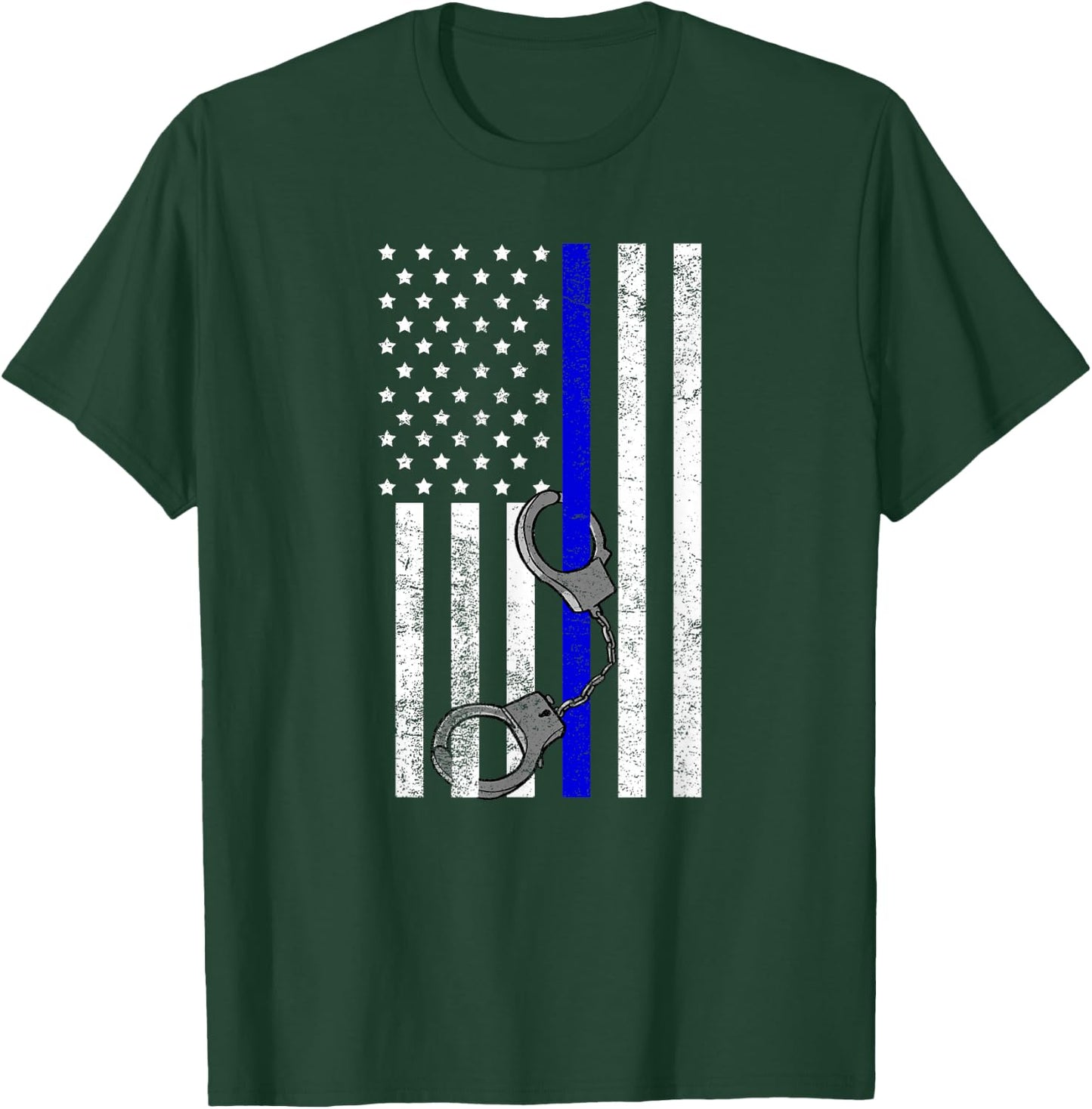 US Flag Thin Blue Line Handcuffs Cop LE Police Officer Gift T-Shirt - T-Shirt | Forest