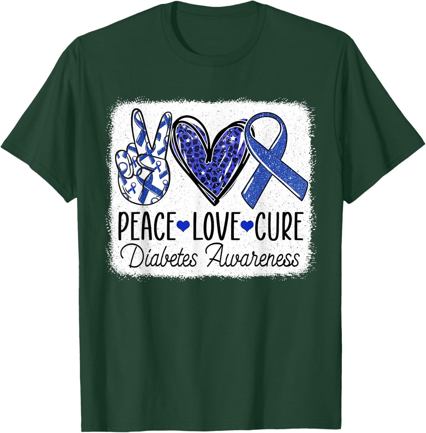 Peace Love Cure Diabetes Awareness Blue Ribbon T1D Type 1 T-Shirt - T-Shirt | Forest