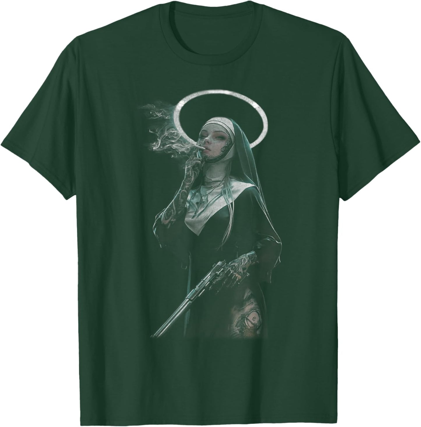 Peachbruh Vintage Cool Smoking Nun Art Dark Style T-Shirt - T-Shirt | Forest
