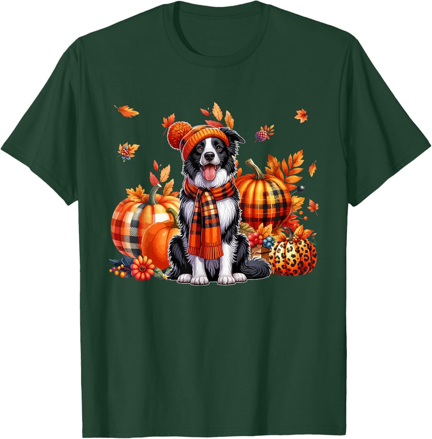 Border Collie Thanksgiving Leopard Pumpkins Fall Leaves T-Shirt - T-Shirt | Forest