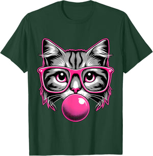 Cat with Glasses and Bubblegum Women Girls Kids T-Shirt - T-Shirt | Forest