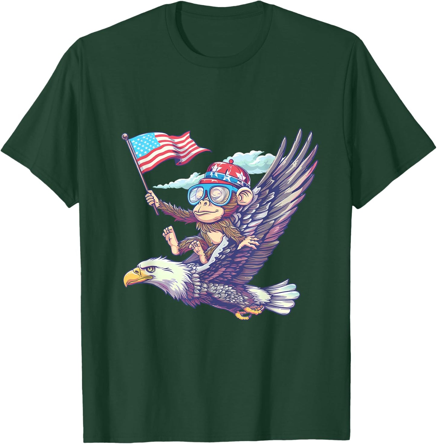 Funny Monkey Bald Eagle American Flag USA Fourth Of July T-Shirt - T-Shirt | Forest