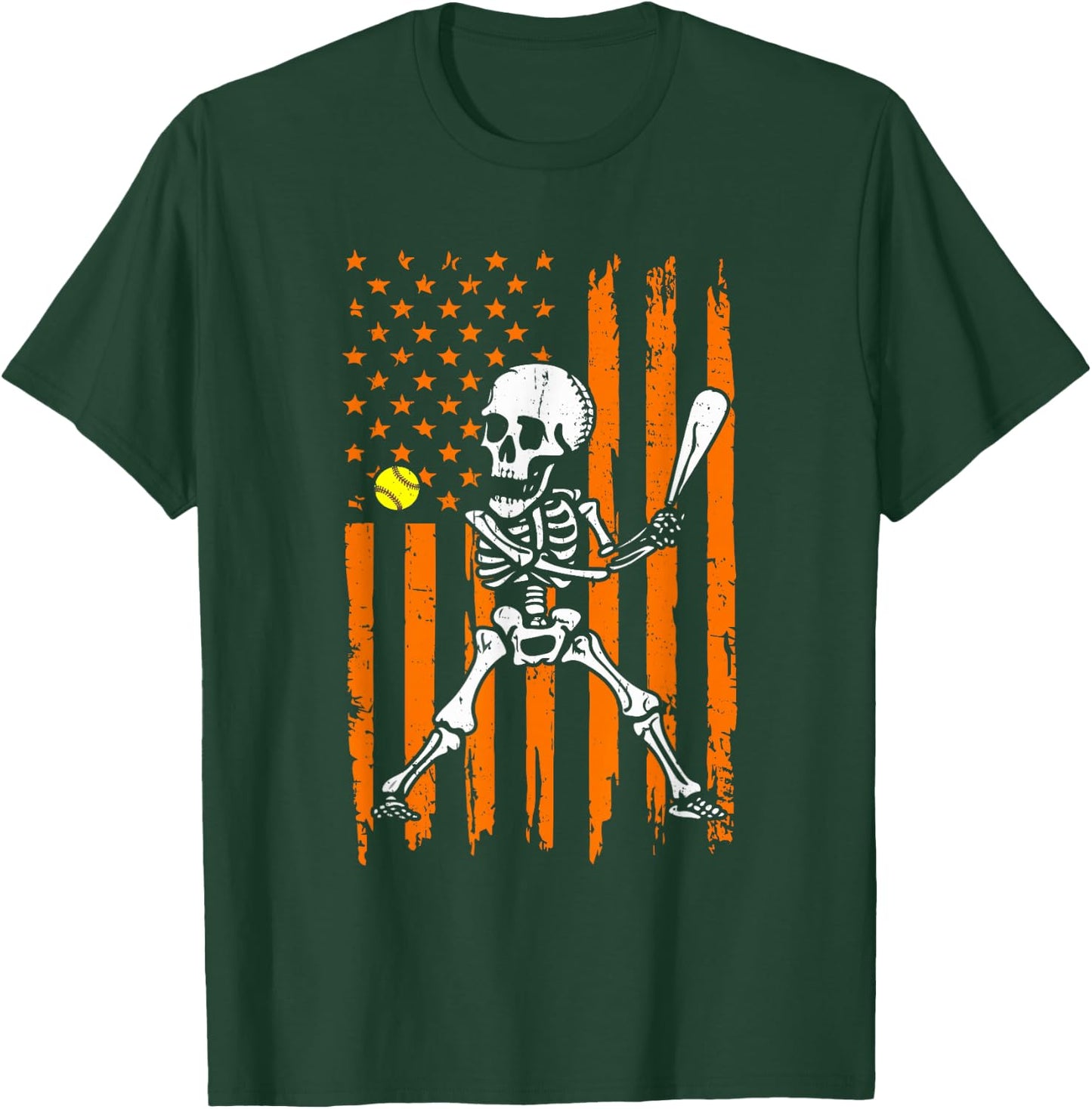 Retro Skeleton Playing Softball USA Flag Halloween Boys Kids T-Shirt - T-Shirt | Forest