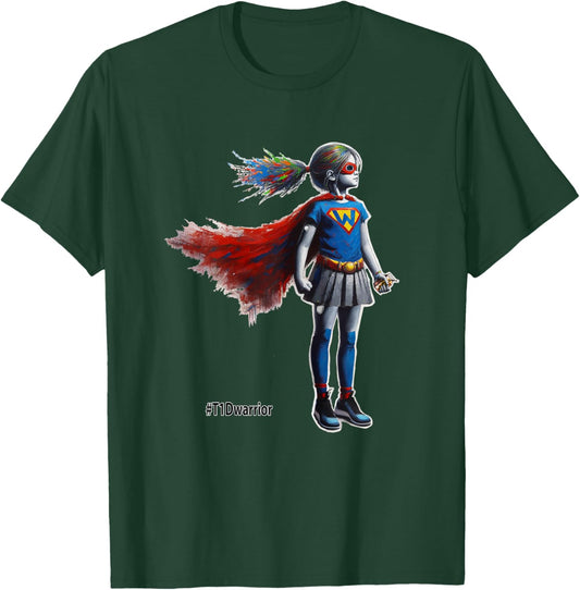 Type 1 Diabetes Superhero Wears CGM and Insulin Pump, T1D T-Shirt - T-Shirt | Forest