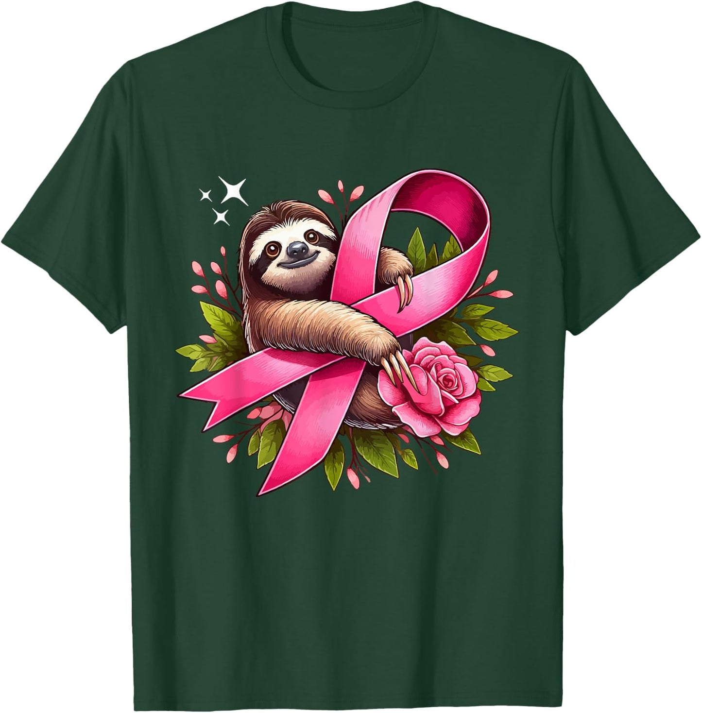 Sloth Holding Breast Cancer Awareness Ribbon Proud Costume T-Shirt - T-Shirt | Forest