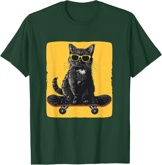 Cool Sunglasses Cat on a Skateboard for a Trendy Ride T-Shirt - T-Shirt | Forest