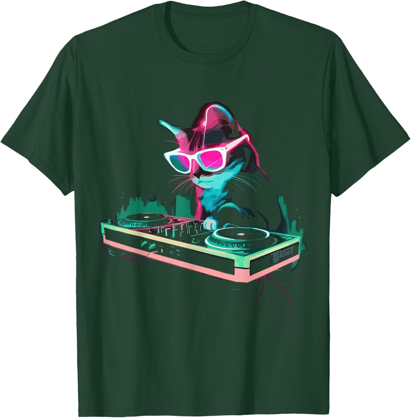 House DJ Cat Rainbow DJ Cat Kitty on Turntable Disco DJ Cat , Small, Black T-Shirt - T-Shirt | Forest