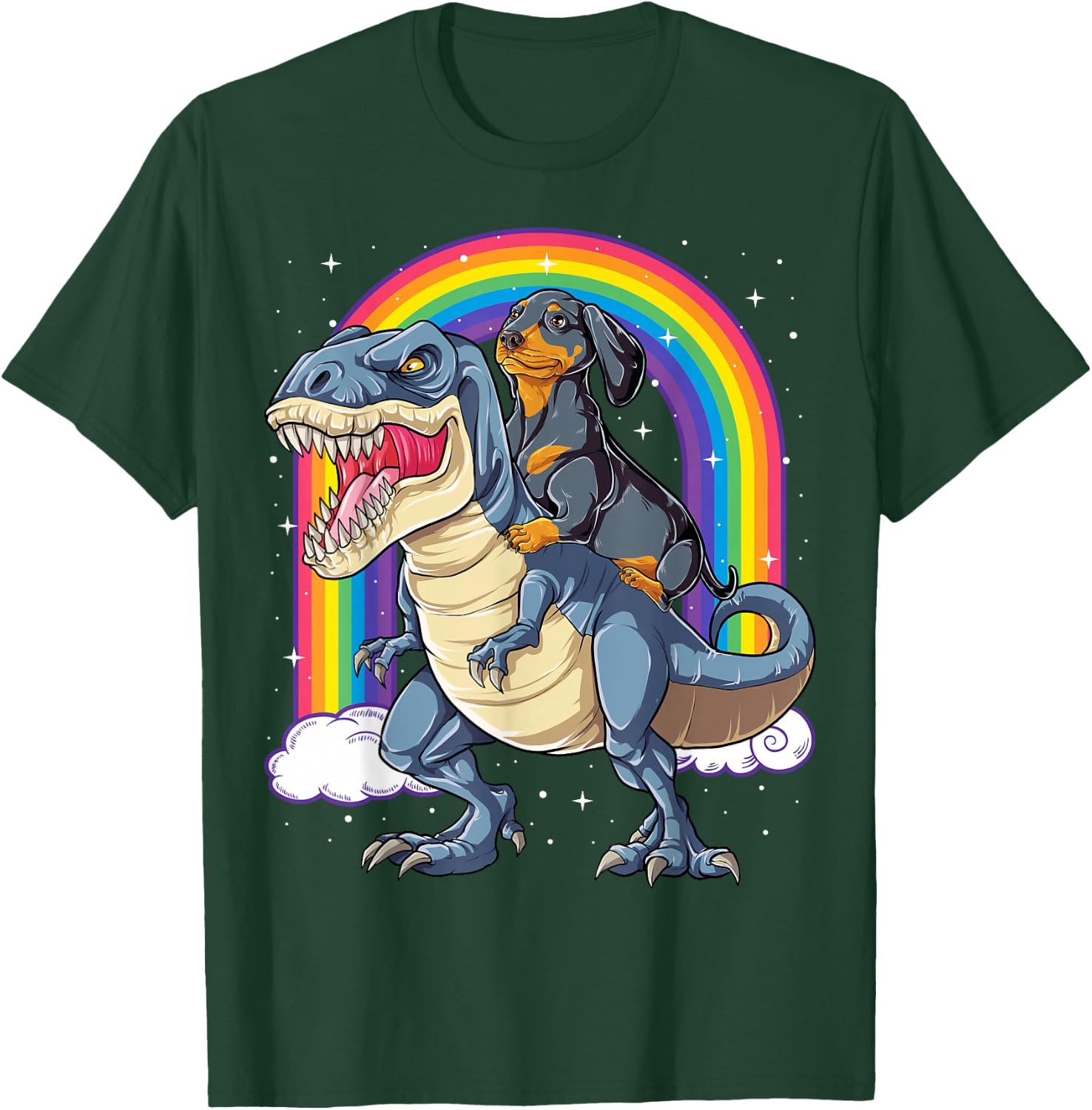 Dachshund Riding Dinosaur T-rex Boys Girls Rainbow Men Women T-Shirt - T-Shirt | Forest