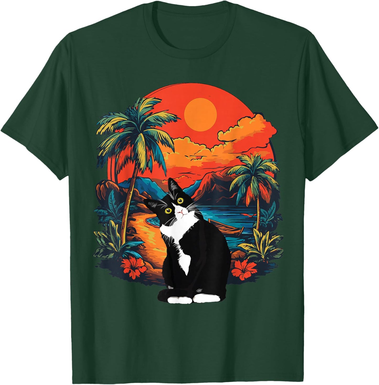 Hawaiian Tropical Tuxedo Cat Mom Dad Gift Animal Lovers T-Shirt - T-Shirt | Forest