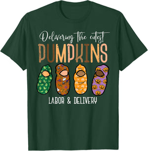 Halloween Labor Delivery Nurse Delivering Pumpkins Women Men T-Shirt - T-Shirt | Forest