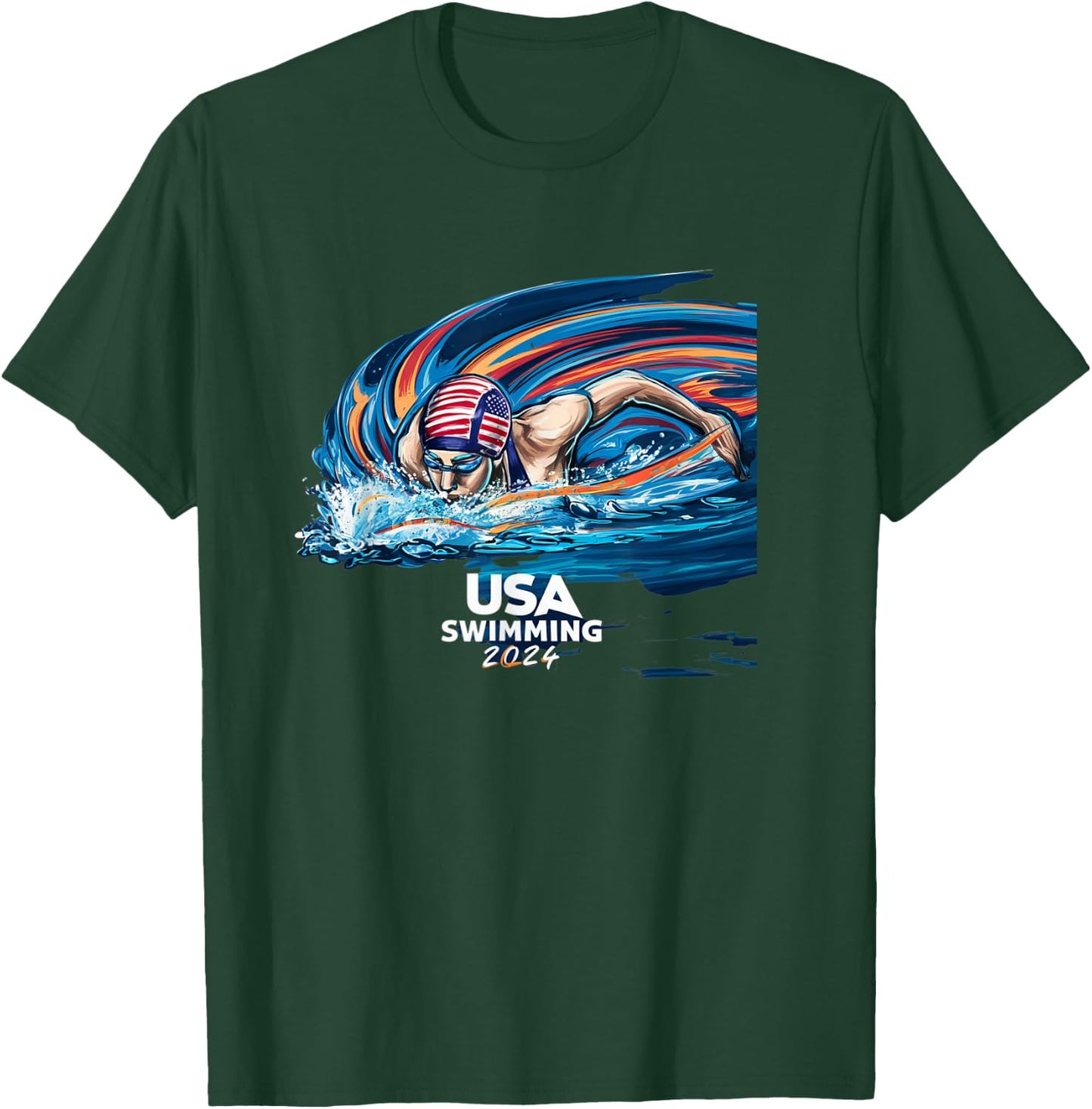 USA Swimming 2024 Riding The Waves Swimming Fans T-Shirt - T-Shirt | Forest