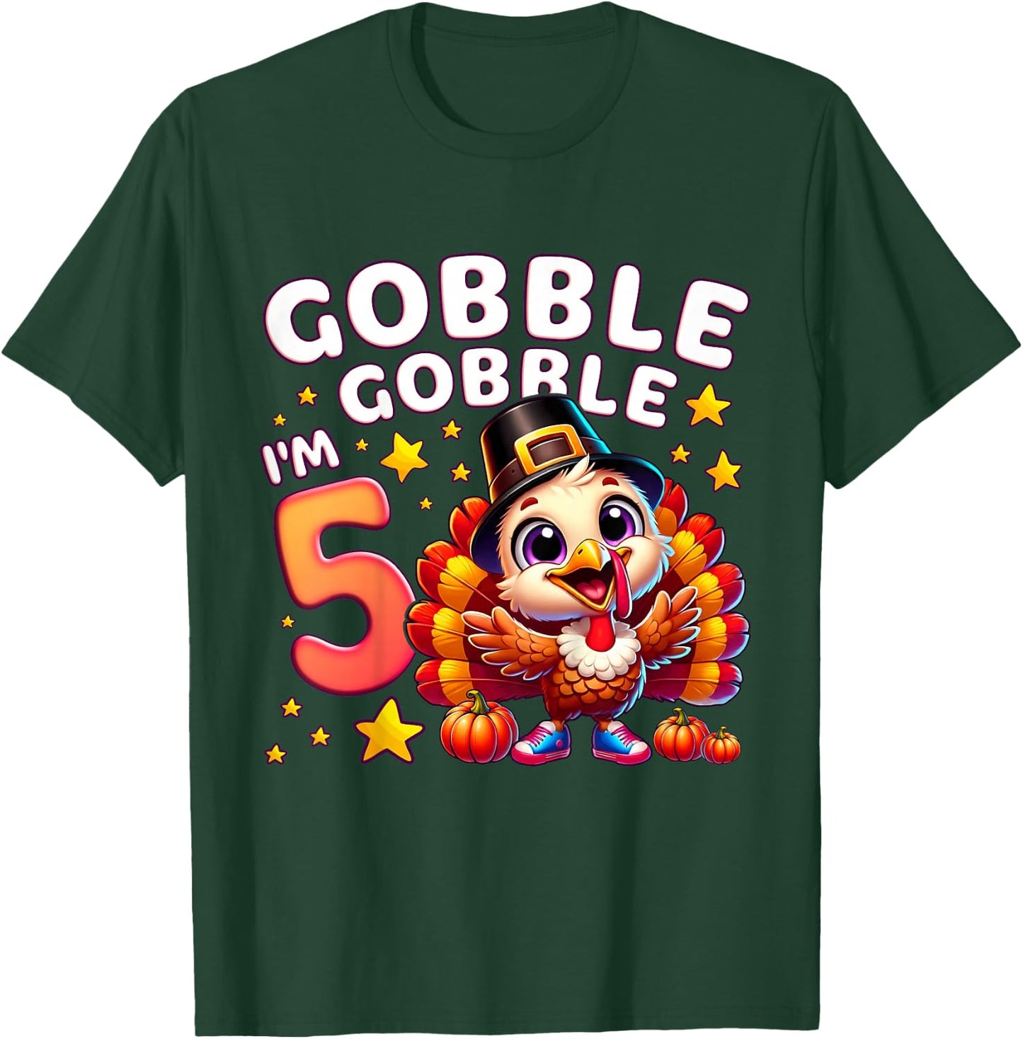 Kids 5th Birthday Girl Thanksgiving Turkey Gobble Gobble I'm 5 T-Shirt - T-Shirt | Forest