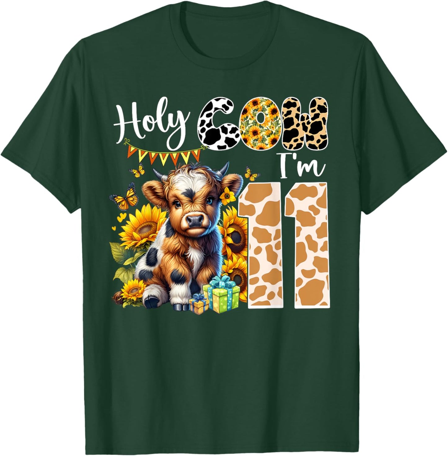 Holy Cow I’m 11 Years Old Dairy Cow Sunflowers 11th Birthday T-Shirt - T-Shirt | Forest