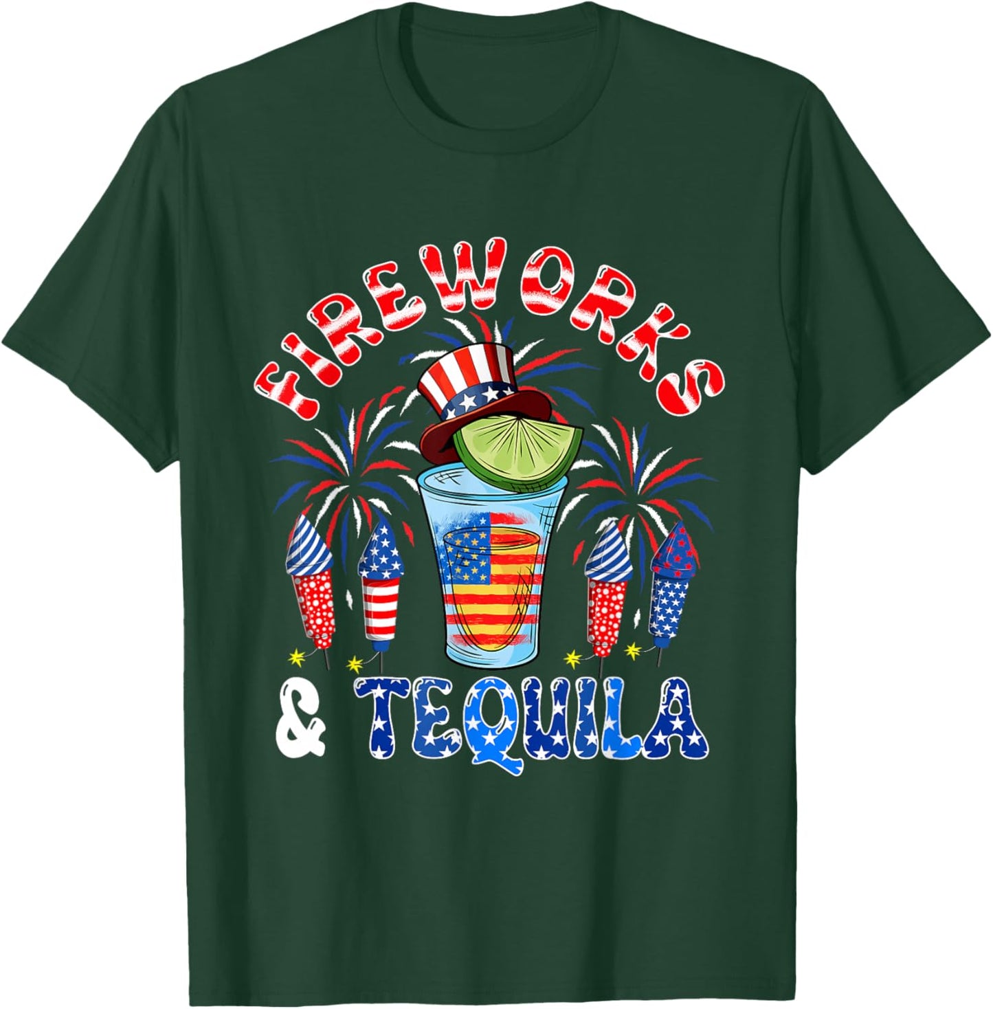 Fireworks And Tequila 4th Of July US Flag Fireworks Dinker T-Shirt - T-Shirt | Forest
