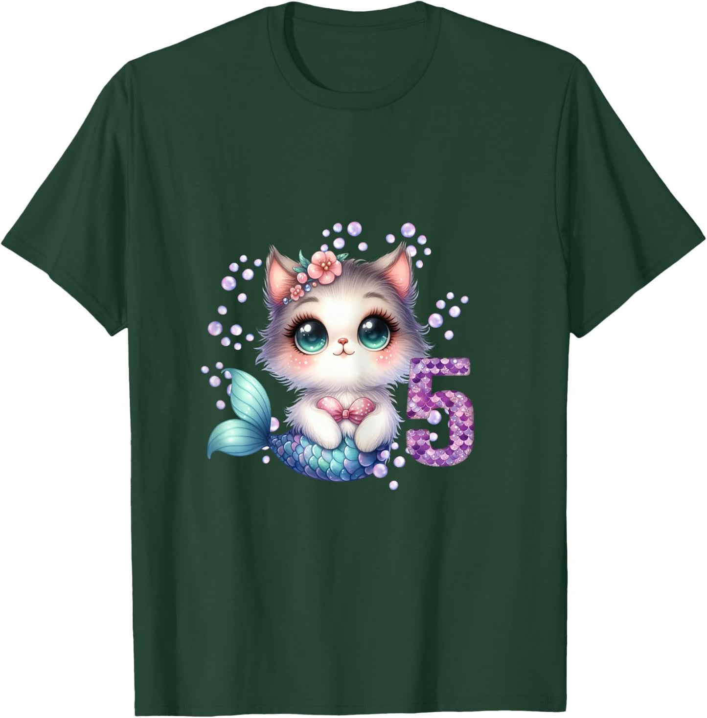 Cat Mermaid 5th Birthday 5 Year Old Party Girls Outfit T-Shirt - T-Shirt | Forest