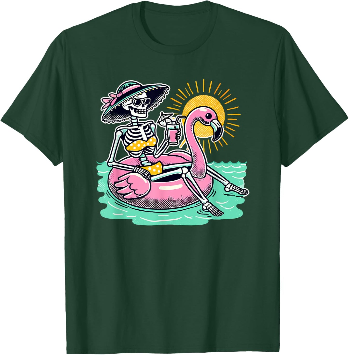 Retro Summer Skeleton Flamingo Float Vacation Beach Drink Men Women T-Shirt - T-Shirt | Forest