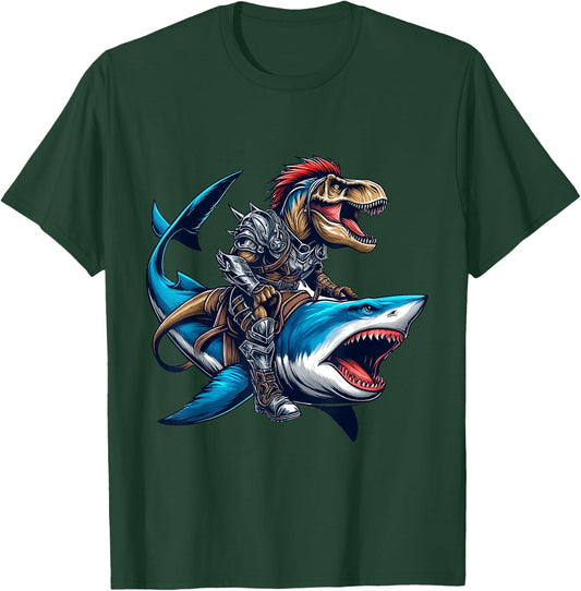 T-Rex Riding Great White Shark into Battle Awesome Kid T-Shirt - T-Shirt | Forest
