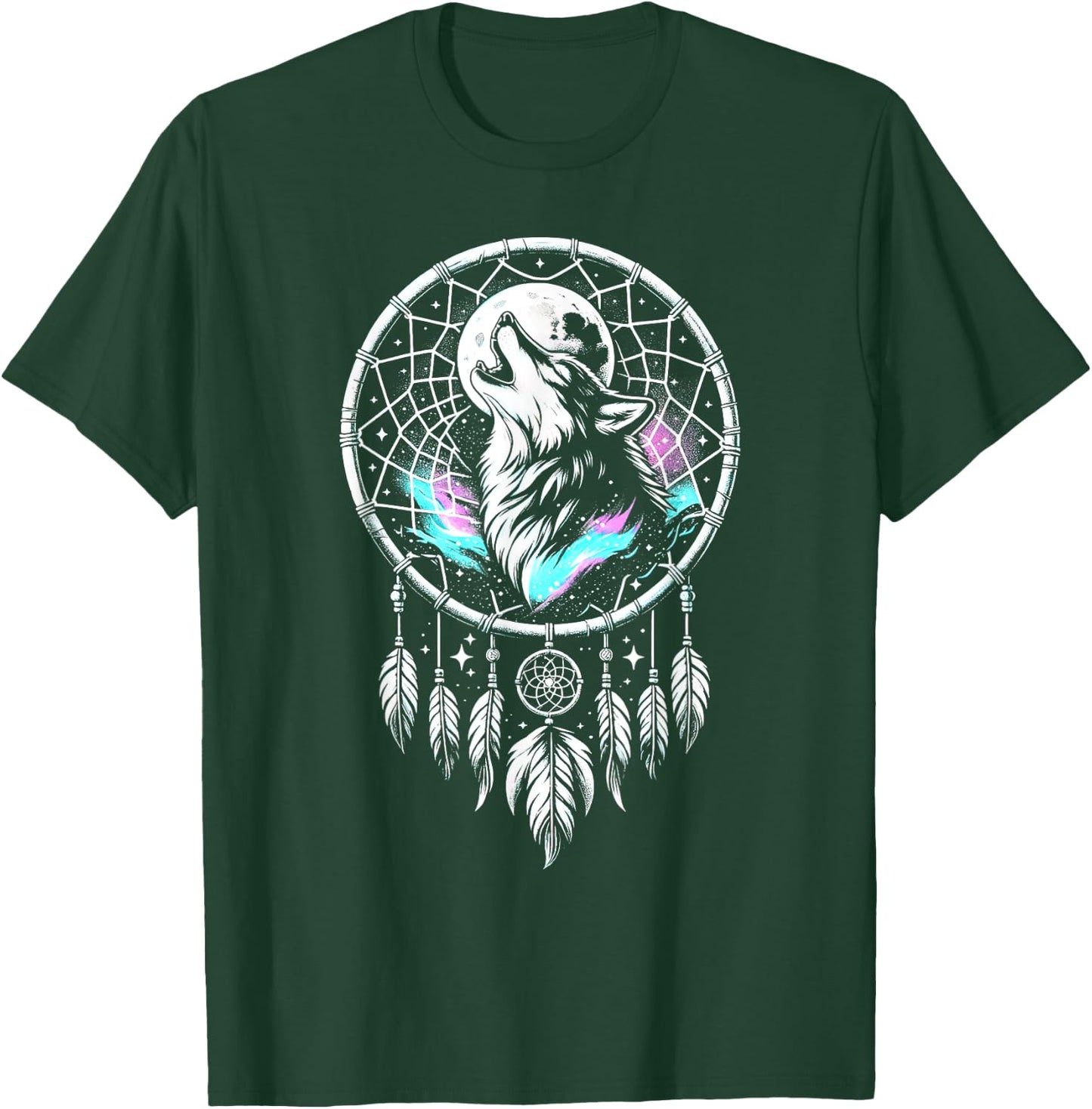 Boho Dream Catcher Wolf Howling At The Moon Dog Wolves Lover Women Kids T-Shirt - T-Shirt | Forest