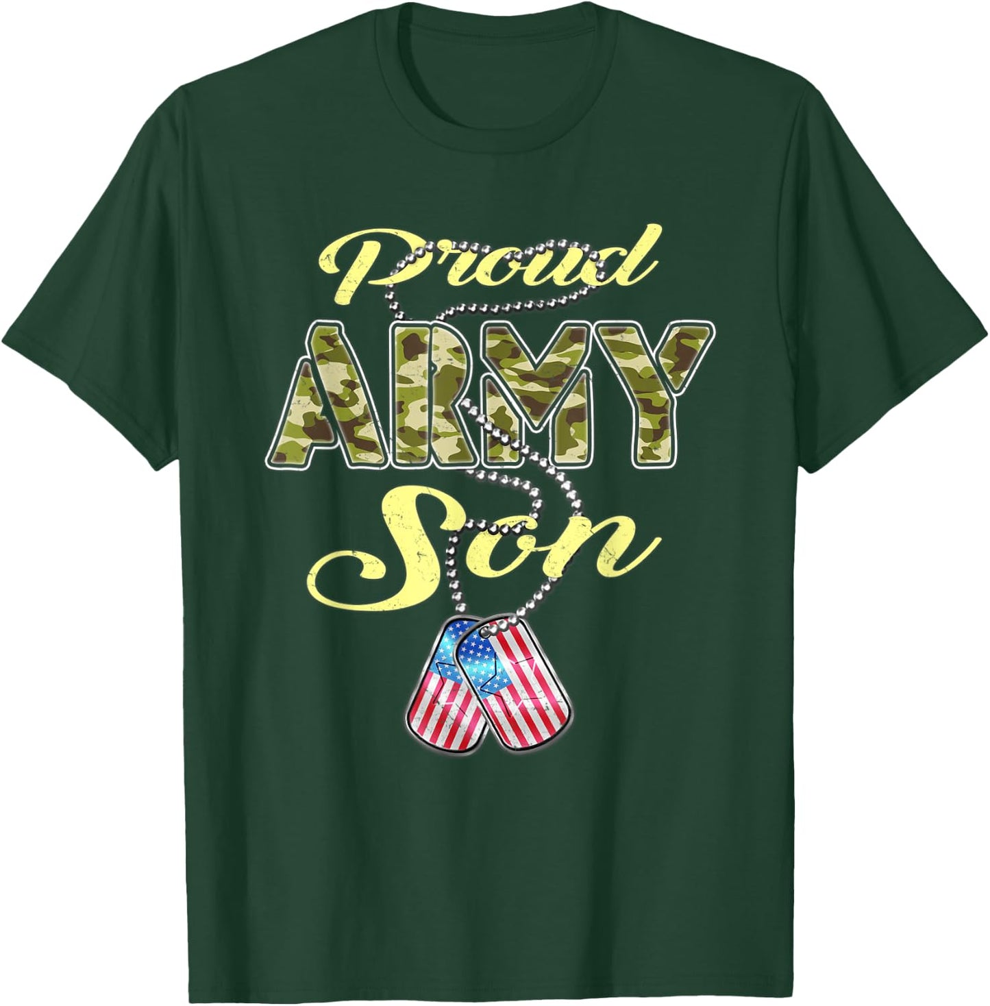 Proud Army Son US Flag Camo Dog Tags Pride Military Child T-Shirt - T-Shirt | Forest