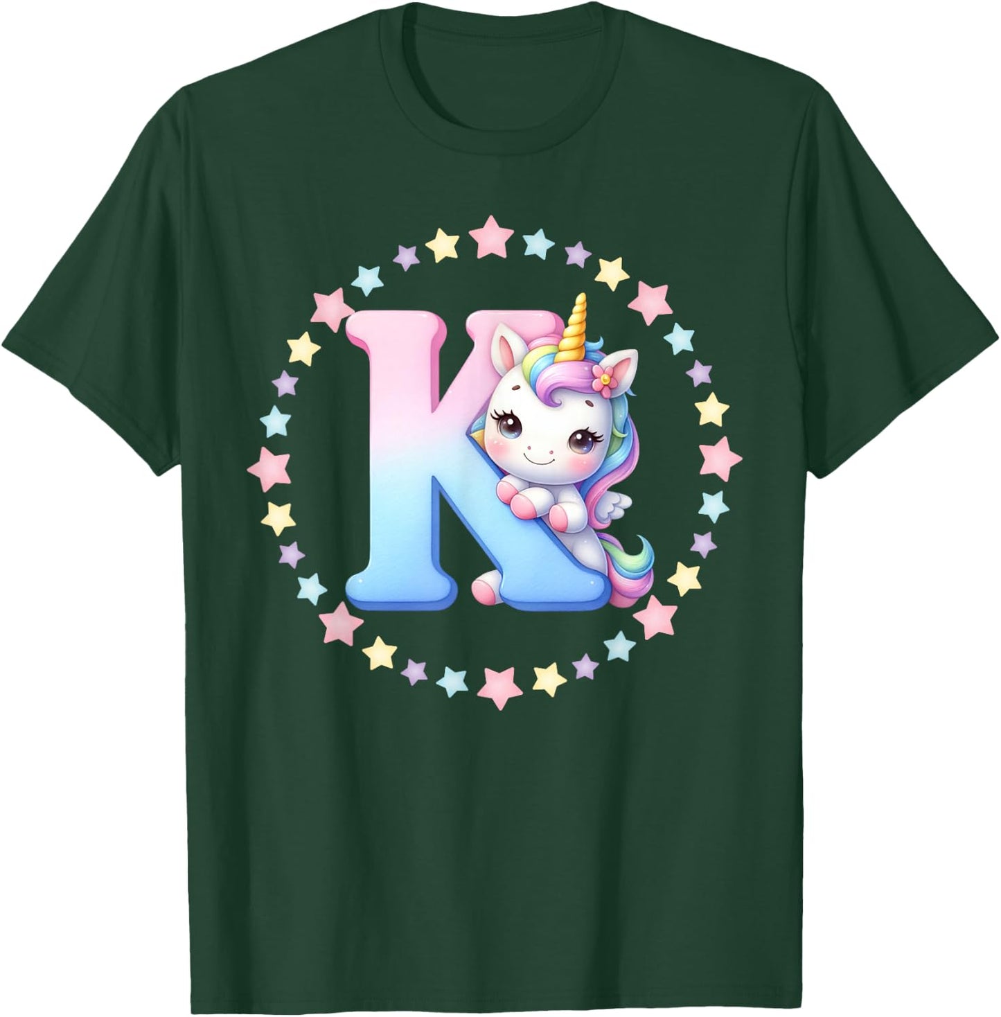 Unicorn Letter K Initial Rainbow Monogram Women Girls Kids T-Shirt - T-Shirt | Forest