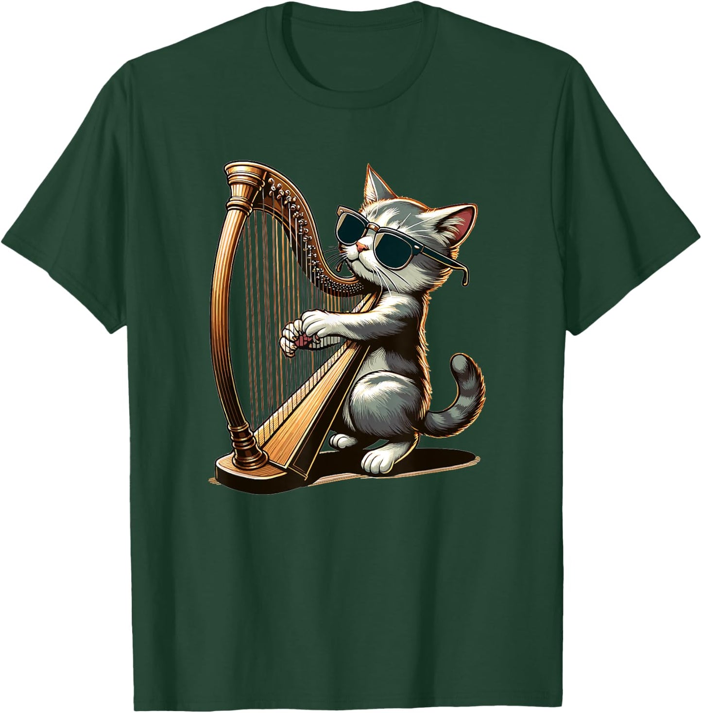 Musician Harpist Cat Wearing Sunglasses Cat Playing Harp Women Kids T-Shirt - T-Shirt | Forest