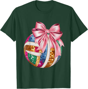Pink Coquette Bow Disco Volleyball Player Game Day Mom Women T-Shirt - T-Shirt | Forest