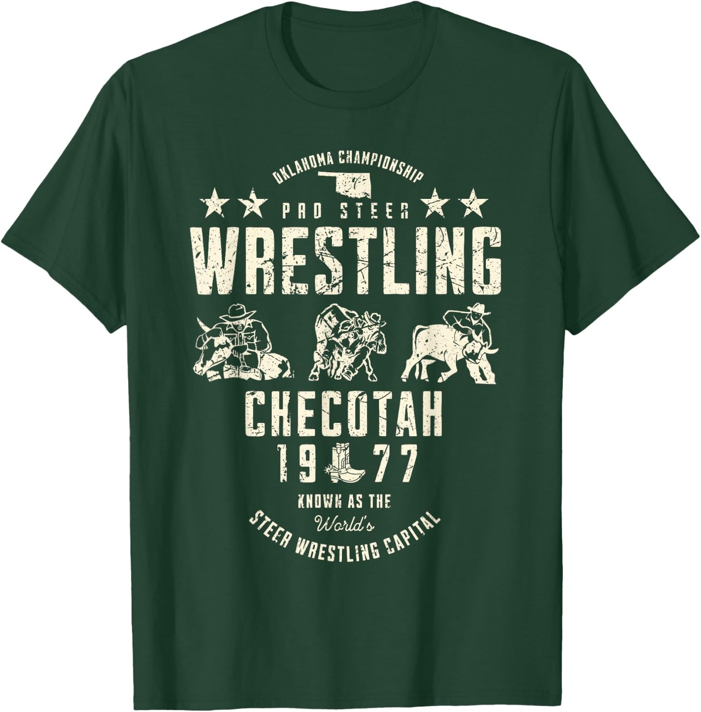 Oklahoma Pro Steer Wrestling Checotah 1977 Vintage Sports T-Shirt - T-Shirt | Forest