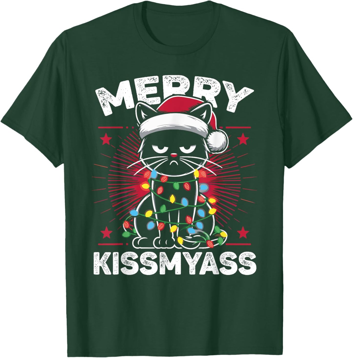 Merry Kissmyass Funny Cat Christmas Lights Christmas Cat T-Shirt - T-Shirt | Forest