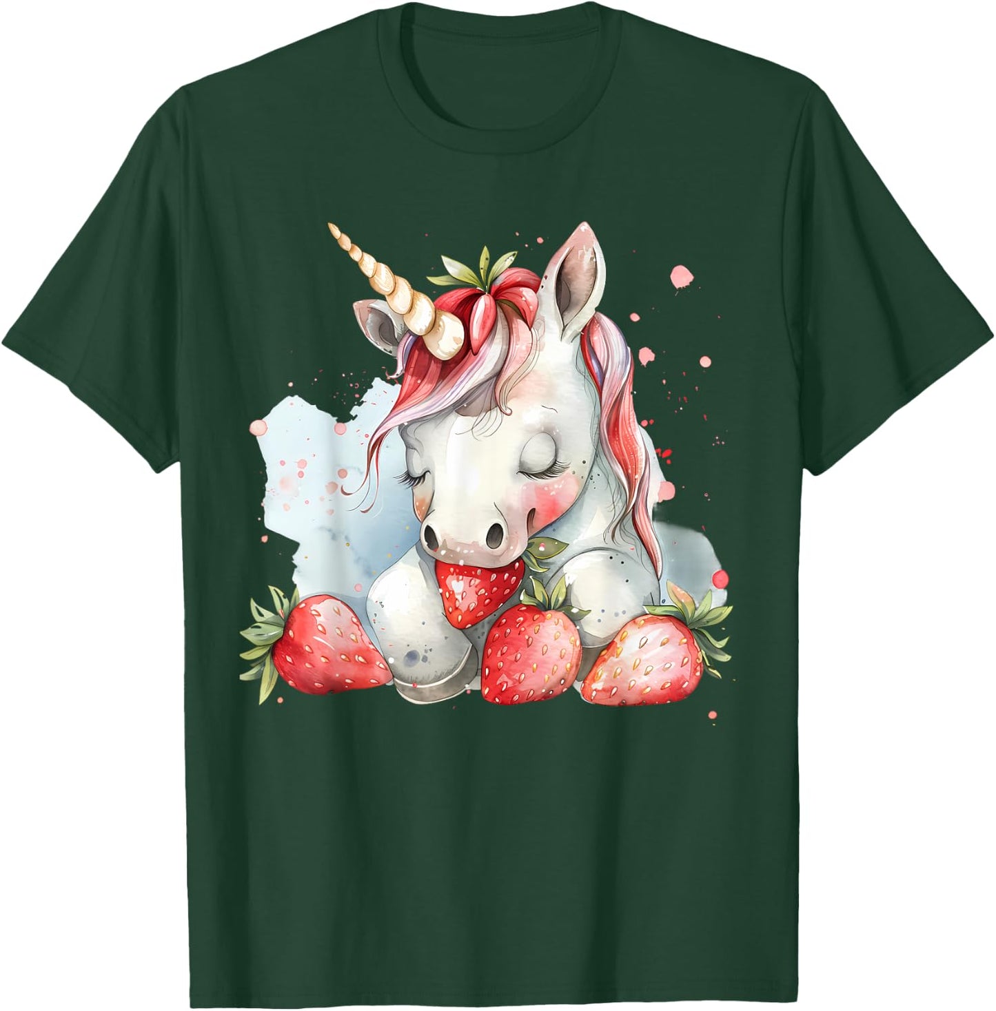Strawberry Unicorn Cute Strawberries Drawing Watercolor T-Shirt - T-Shirt | Forest