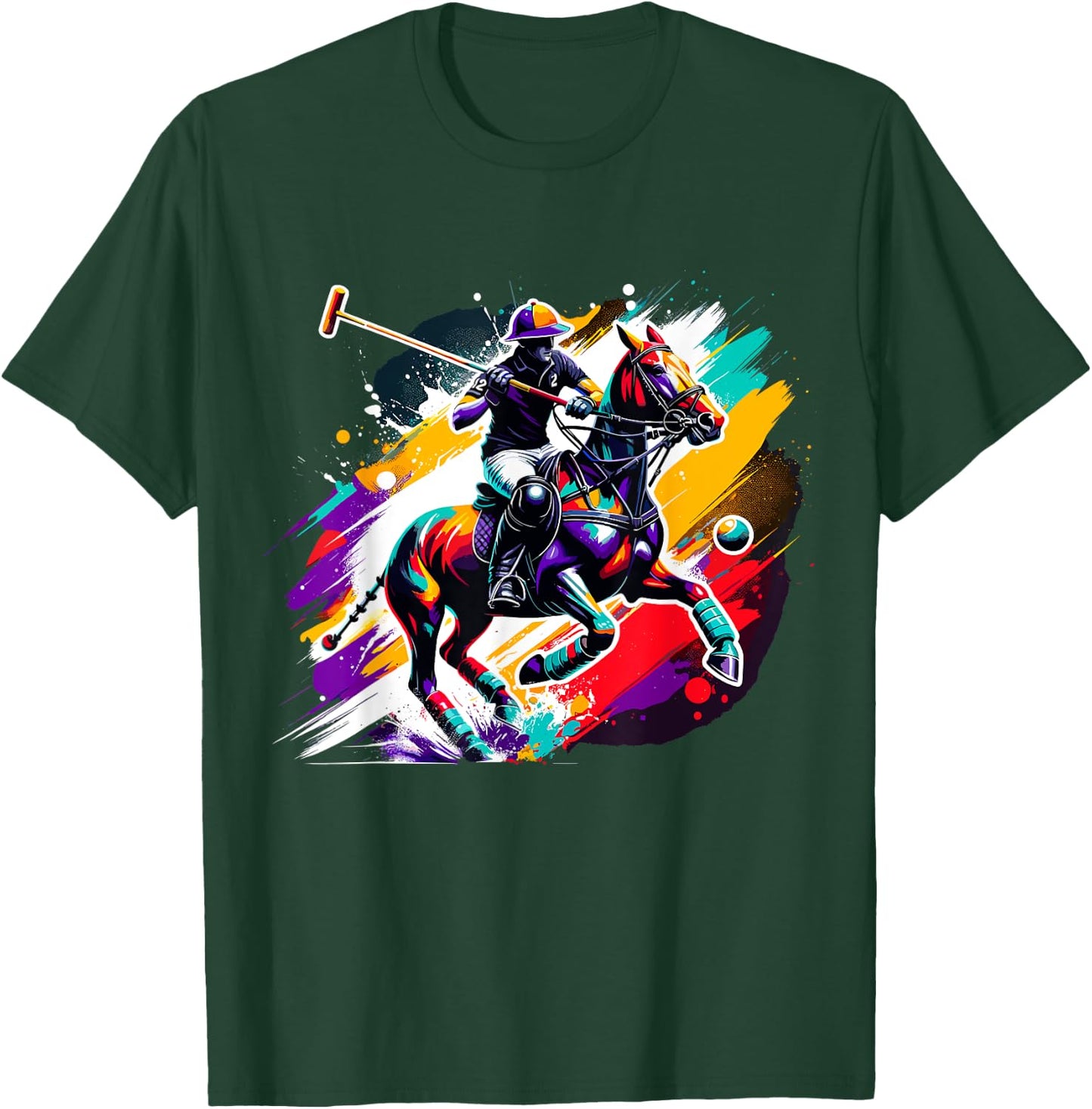 Colorful Polo Player on Horse Equestrian T-Shirt - T-Shirt | Forest