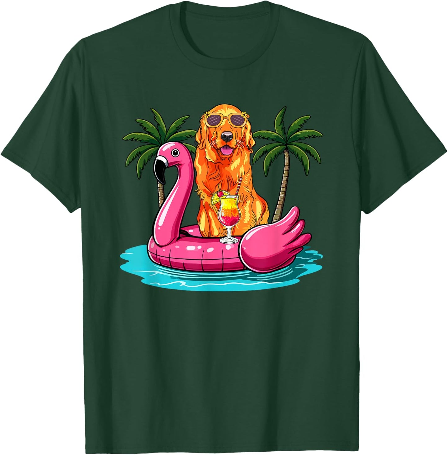 Golden Retriever Sunglasses On Flamingo Cute Float Lover T-Shirt - T-Shirt | Forest