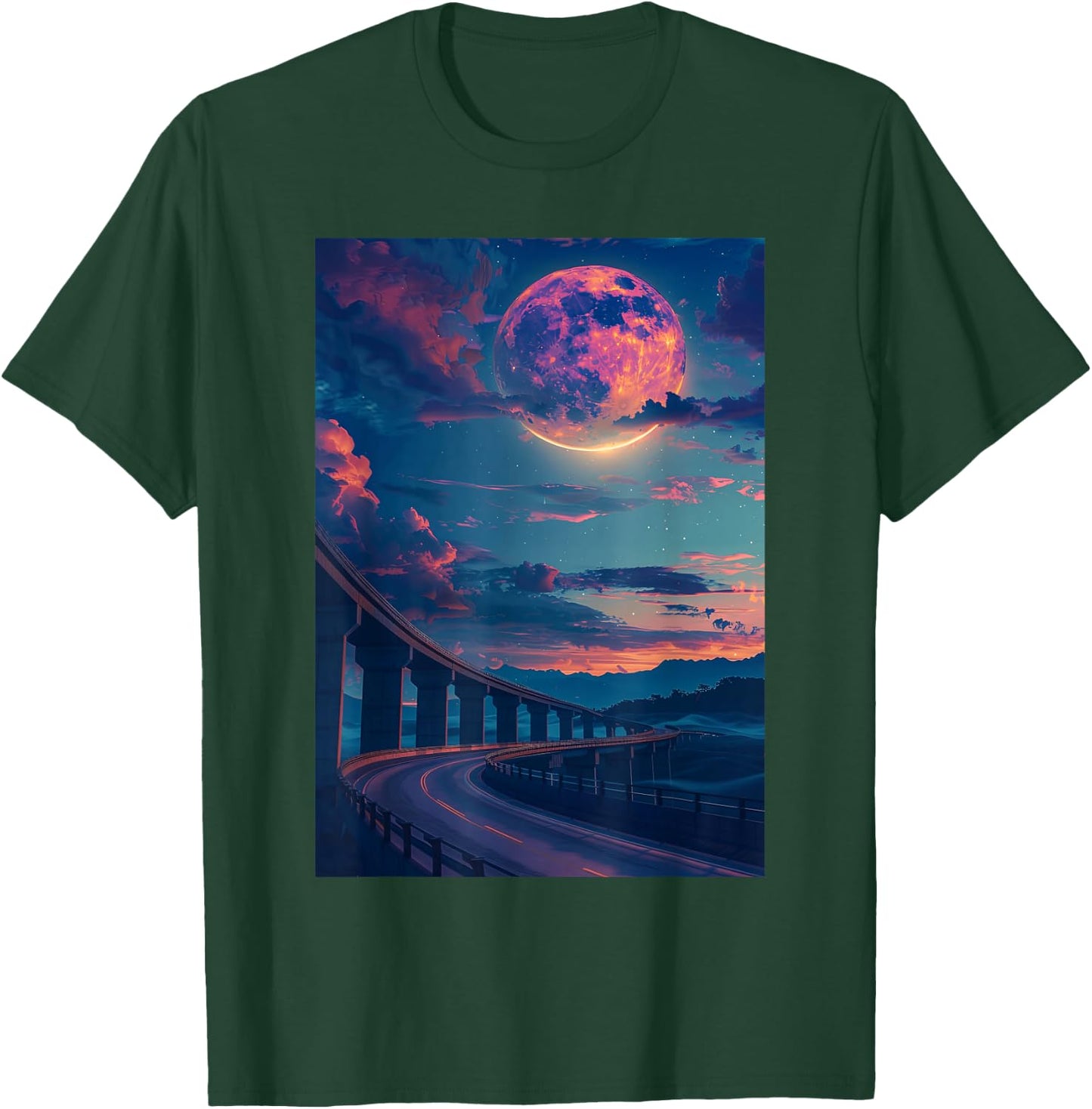 Liminal Space: Curved Bridge in Moonlight Night T-Shirt - T-Shirt | Forest