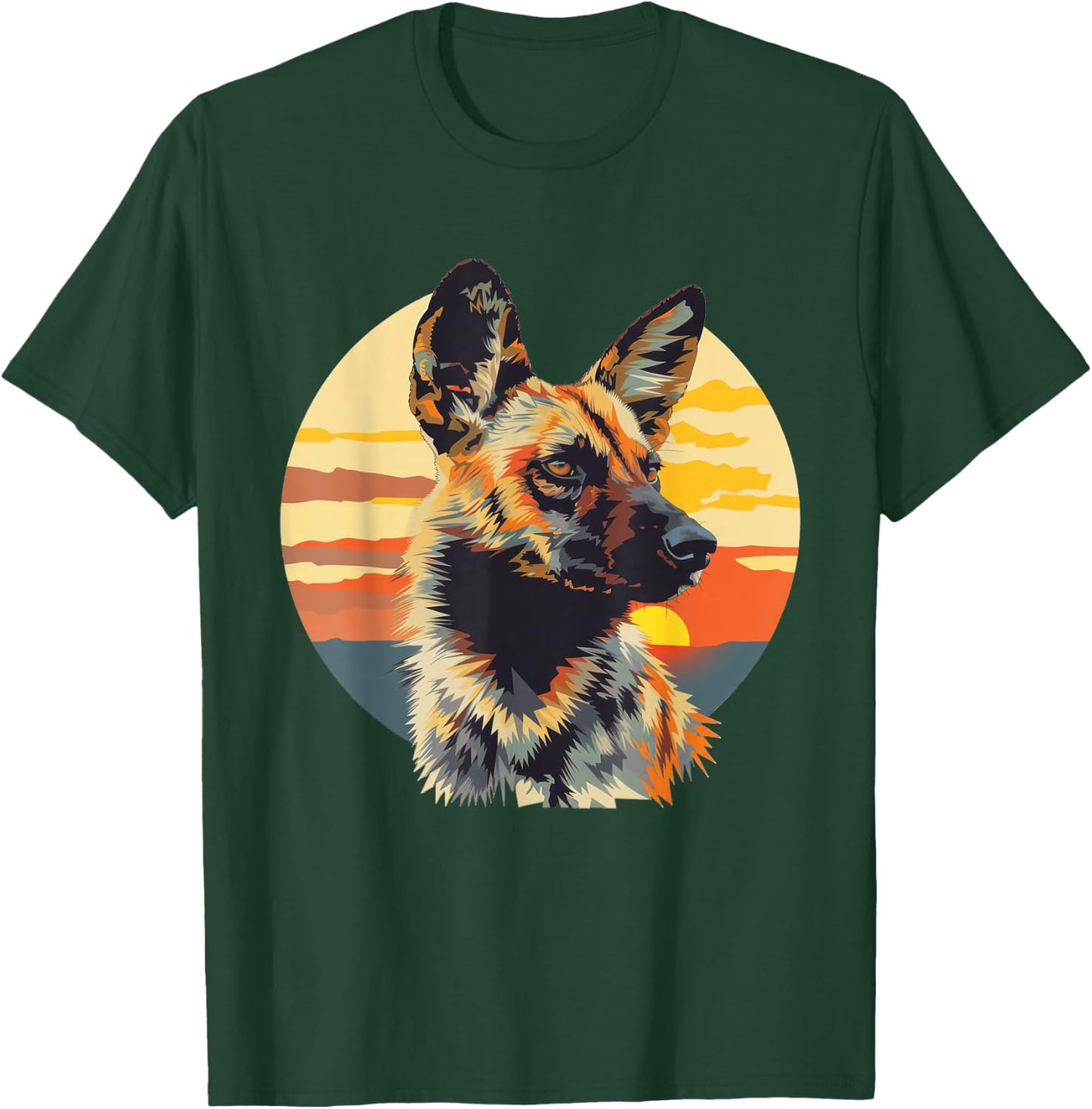 African Wild Dog With A Sunset T-Shirt - T-Shirt | Forest