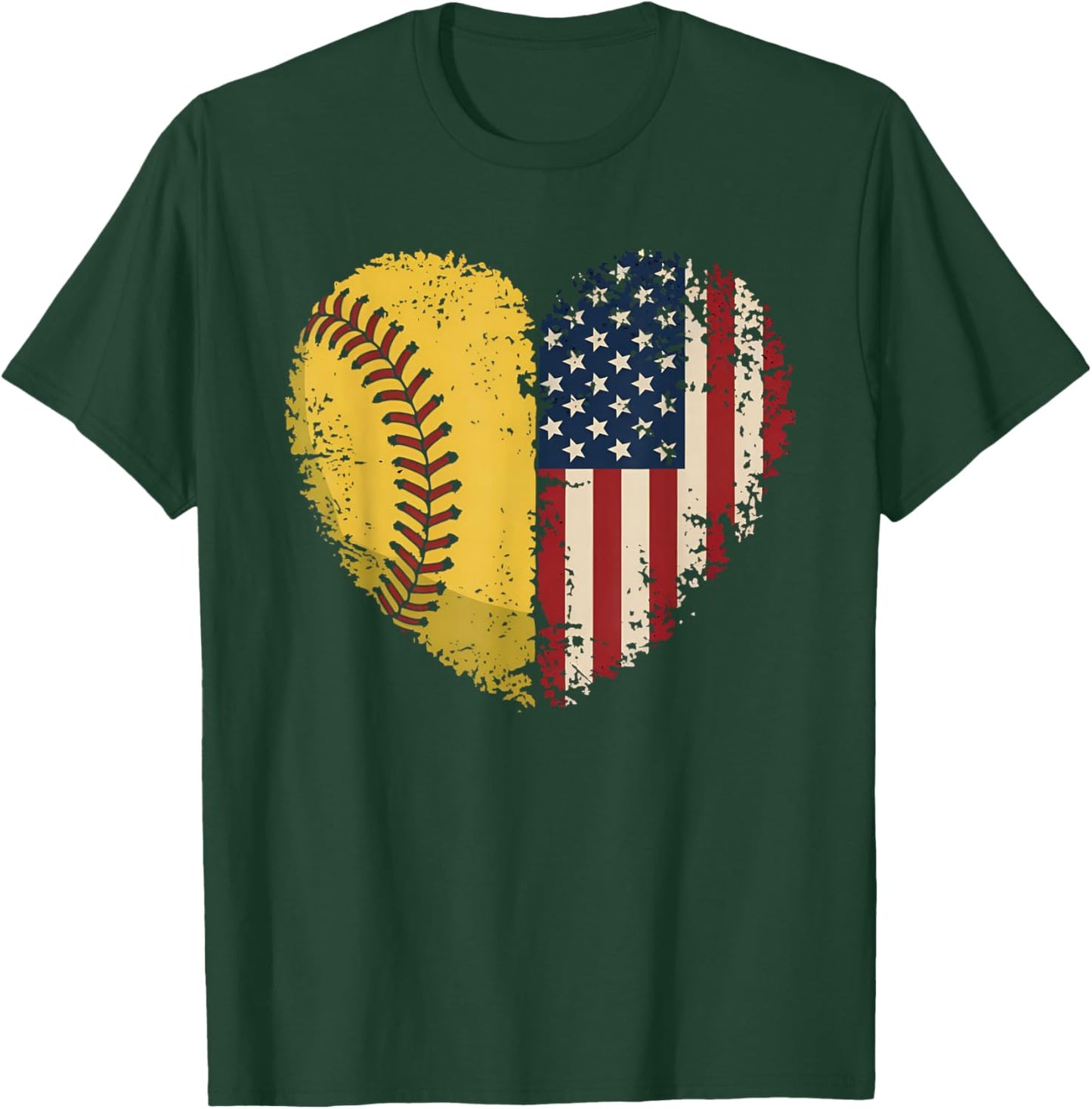 Softball Heart American Flag Patriotic Softball Lovers T-Shirt - T-Shirt | Forest