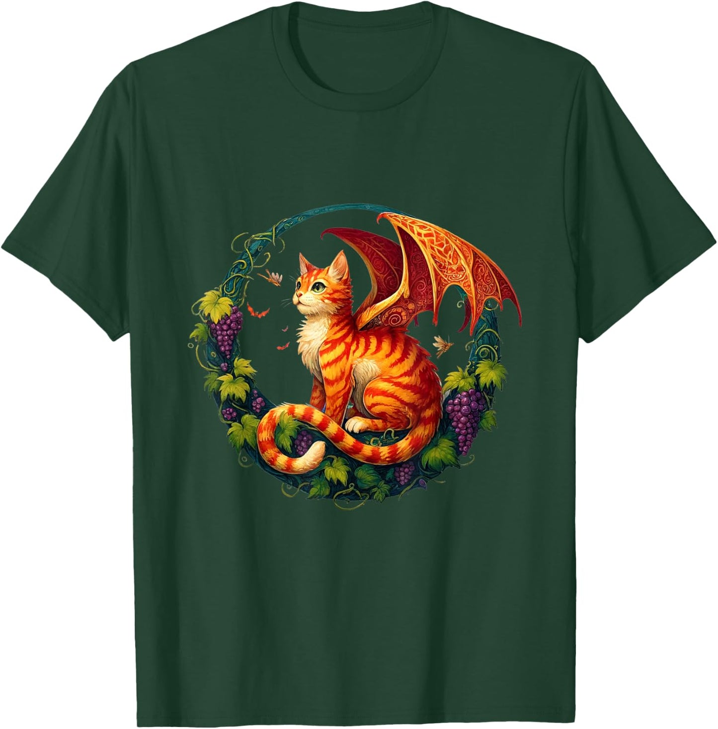 Retro Mystical Orange Tabby Dragon Cat Fae With Grapevines Men Women Kids T-Shirt - T-Shirt | Forest