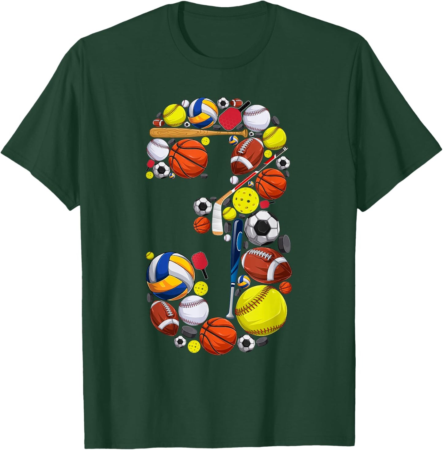 3 Years Old Sports Baller 3rd Birthday Party Boys Kids T-Shirt - T-Shirt | Forest