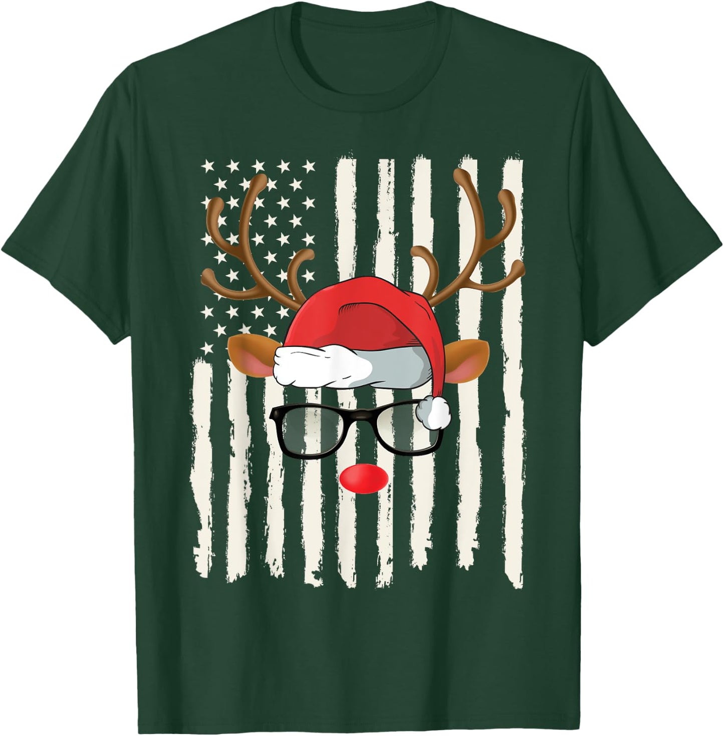 Cute Reindeer Santa Hat Glasses American Flag Christmas T-Shirt - T-Shirt | Forest